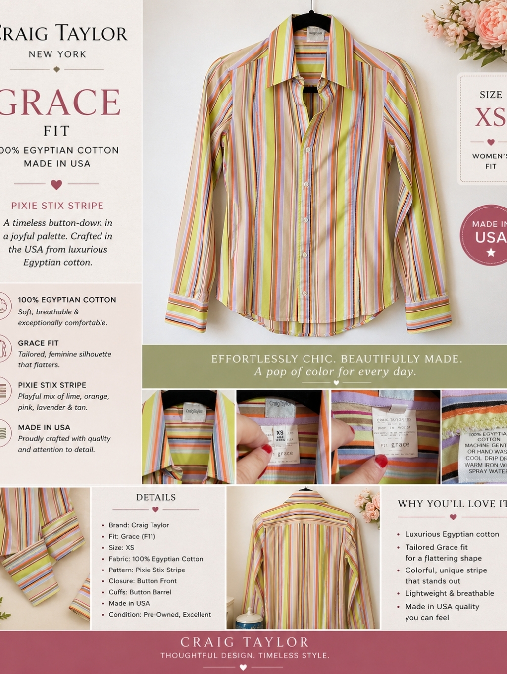 Sz Xs Craig Taylor "Grace" Fit Made In Usa 100% Egyptian Cotton Shirt Stripes